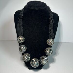 Abalone Shell Mosaic Bead Necklace Silk Cords W/Button Loop Closure Sajen 925